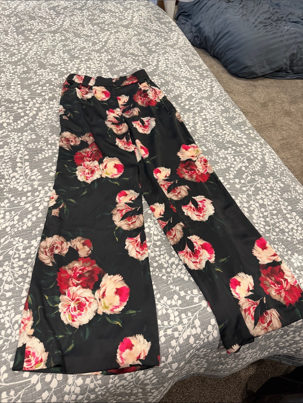 Floral Wide-Leg Pants - Black with Red & Cream Blooms